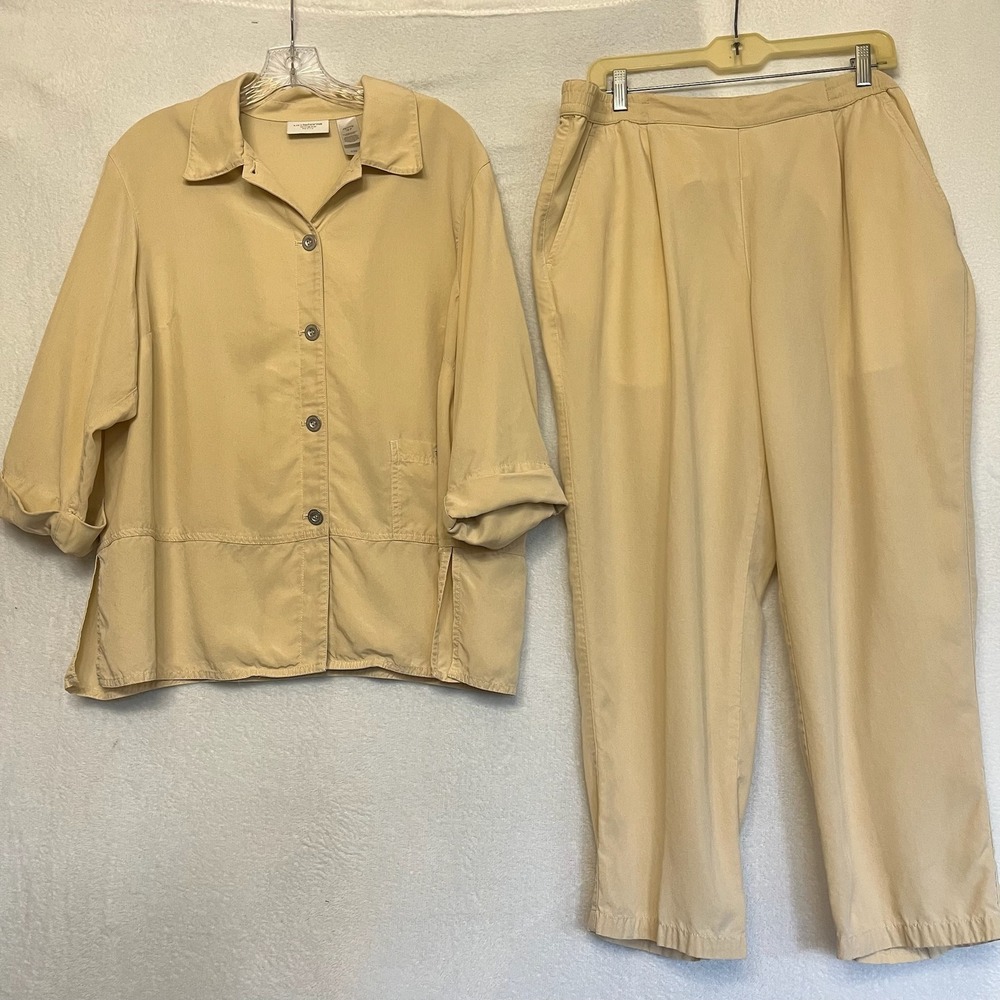 Liz Claiborne 2 Piece Tan Button Down Shirt Pant Set Outfit Tencel‎ Work Sz 18P